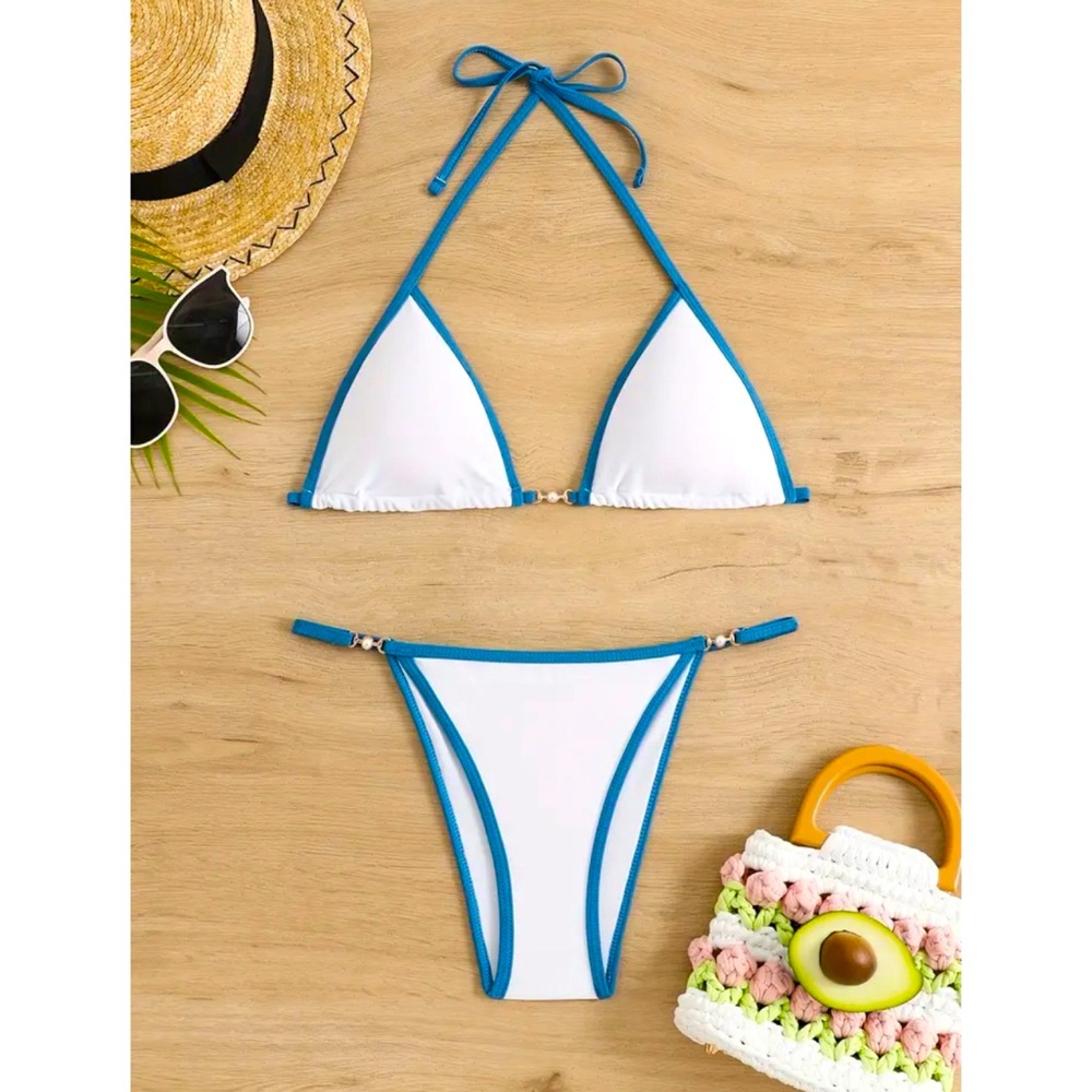 White String Bikini Set w/Contrasting Blue Trim Small